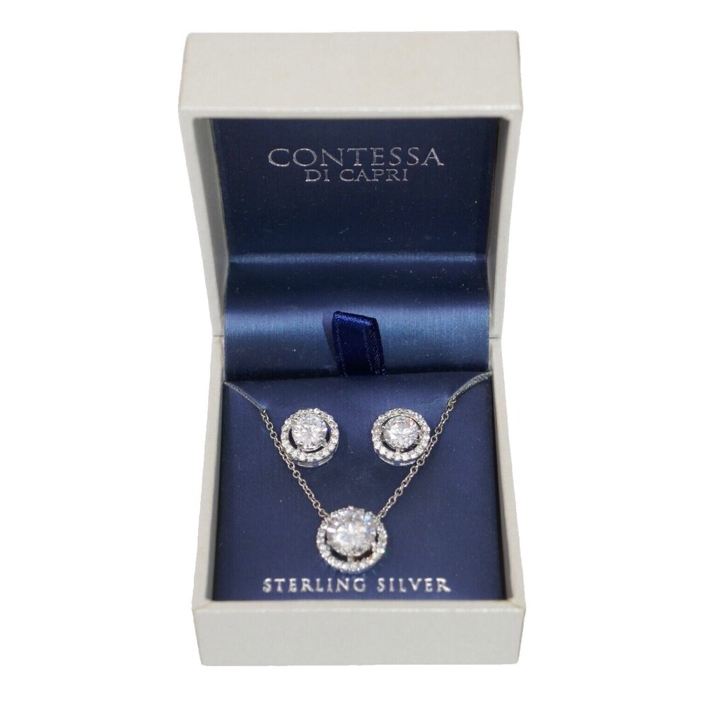 Contessa Di Capri Sterling Silver Cubic Zirconia Earrings & Necklace Set